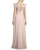 Cap-Sleeve Lace-Trim Tulle Gown, Blush