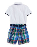Tipped Basic Mesh Polo Shirt w/ Plaid Shorts, White, Size 9-24 Months