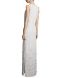 Sleeveless Beaded Column Gown, White 