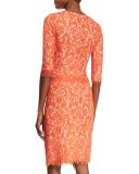 Elbow-Sleeve Lace Sheath Dress, Coral