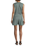 Sleeveless Pleated Linen-Blend Romper, Army