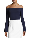 Selena Off-the-Shoulder Bell-Sleeve Knit Top, Navy