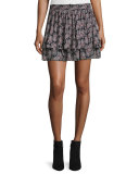 Tiered Floral Silk Skirt, Black/Multicolor