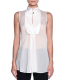 Sleeveless Bib-Front Tuxedo Blouse, White