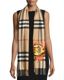 Floral Cashmere Check Scarf, Brown/Orange