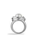 Pearl Crossover Ring with Diamonds