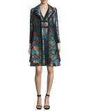 Floral Brocade V-Neck Corset Dress, Blue/Black/Turquoise