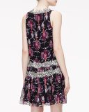 Floral-Print Lace-Trimmed Flounce Dress