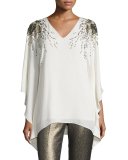 Hand-Beaded V-Neck Silk Blouse, Alabaster/Gold