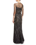 Beaded 3/4-Sleeve Tulle Gown, Caviar