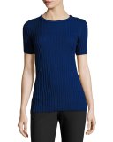 Ribbed Jewel-Neck Short-Sleeve Sweater, Caviar/Azzurine