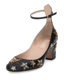 Star-Studded Low-Heel Ankle-Strap Pump, Nero/Al Campione