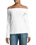 Mercerized Knit Off-the-Shoulder Top, White