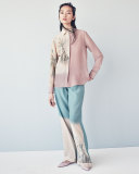 Long-Sleeve Degrade Bird-Print Blouse, Cipria/Pale Pink