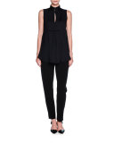 Bib-Front Sleeveless Tuxedo Blouse, Black