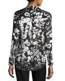 Belle Metallic Floral Mandarin-Collar Shirt, Black/Silver