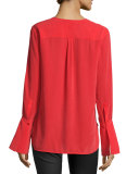 Kanley Bell-Sleeve Silk Shirt, Red