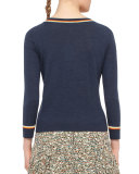 Bracelet-Sleeve Sweater w/Contrast Stripes, Denim