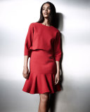 3/4-Sleeve Wool Popover Fit-and-Flare Dress, Garnet
