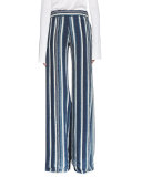 Striped Silk Wide-Leg Trousers, Navy