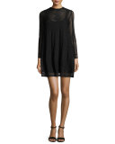 Long-Sleeve Jewel-Neck Mini Dress, Black