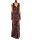 Ikat-Print Ruched Chiffon Gown