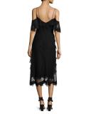 Lucinda Cold-Shoulder Ruffle Lace Sheath Dress, Black
