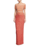 Signature Degrade-Sequined Column Gown, Pink