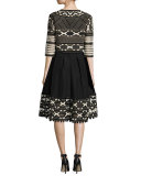 Ribbon-Embroidered Sleeveless Boat-Neck Dress, Black/Ivory