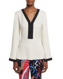 Long-Sleeve Two-Tone Caftan Top, Cream