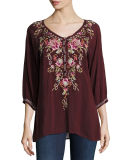Moon 3/4-Sleeve Embroidered Blouse