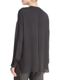 Long-Sleeve Embroidered Stretch-Silk Blouse, Graphite