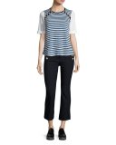 Striped Linen Jersey Tee w/ Sailor Buttons, White/Ocean