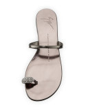 Metallic Crystal Toe-Ring Flat Sandal, Anthracite 