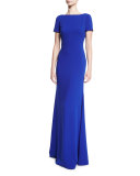 Short-Sleeve Stretch Crepe Gown, Electric Blue