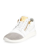 Singleg Leather & Suede Side-Zip Sneaker, White/Gray