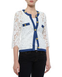 3/4-Sleeve Crochet Cardigan W/ Denim Trim 