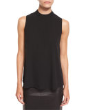 High-Neck Silk Georgette Tank, Black, Plus Size