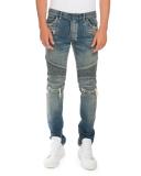 Distressed Denim Moto Jeans, Blue