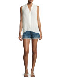 Pleated Sleeveless Tie-Neck Blouse, Off White