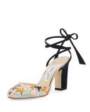 Lucia Floral Satin 85mm Ankle-Wrap Sandal, Orange/Camellia