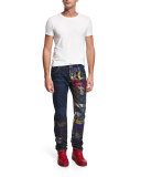 Five-Pocket Denim Jeans with Stamped-Detail, Blue