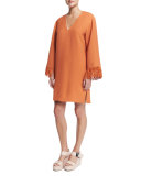 V-Neck Kimono Dress W/Fringe, Orange