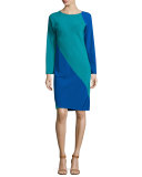 Long-Sleeve Spiral Silk Dress, Blue