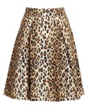 Cheetah-Print Pleated A-Line Skirt, Black/Camel