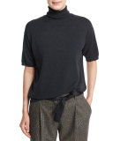 Short-Sleeve Turtleneck Cashmere Sweater, Onyx