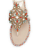 Crystal & Pearly Ankle-Wrap Thong Sandal, Cream/Red/Aquamarine