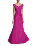 Cap-Sleeve Notched-Neck Gown, Magenta