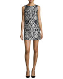 Clyde Sleeveless Damask Shift Dress, Black/White