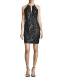 Sleeveless Embroidered Sheath Cocktail Dress, Black